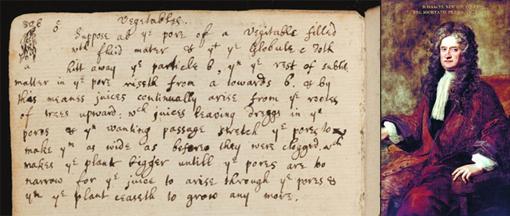 牛顿笔记本中关于“蔬菜”的选节（1661年-1665年），第102页，左上方的图示意了水正从芽中蒸发出来。